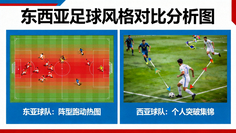 东西亚足球风格对比分析图 - 左侧为东亚球队阵型跑动热图，右侧为西亚球队个人突破集锦